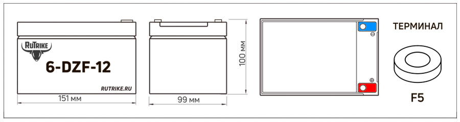 Габариты батареи Rutrike 6-DZF-12