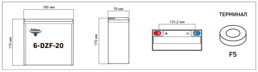 Габариты батареи Rutrike 6-DZF-20