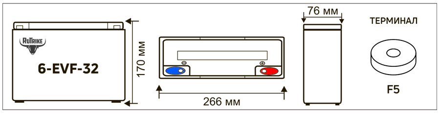Габариты аккумуляторной батареи Rutrike 6-EVF-32 Габариты аккумуляторной батареи Rutrike 6-EVF-32
